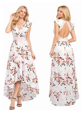 White Floral Cut Out Back Asymmetrical Dress